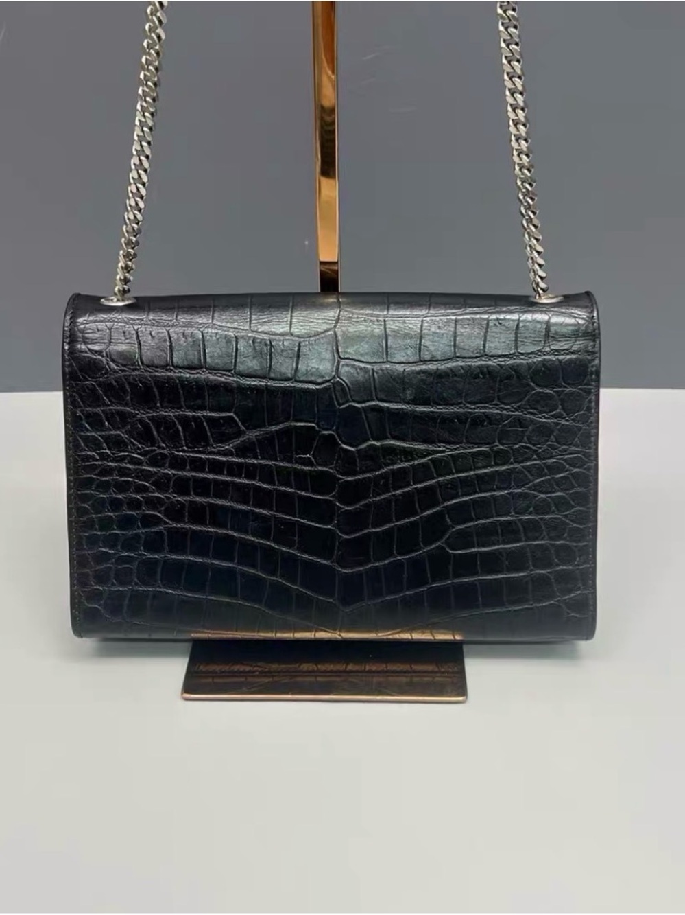 Saint Laurent Black Croc-Embossed Leather Tassel Chain Shoulder Bag - Picture 2 of 9